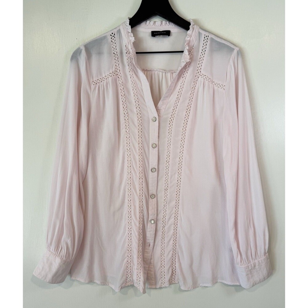 Spense V-neck Pearl Button Shirt Blouse Boho Crochet Lace Detail